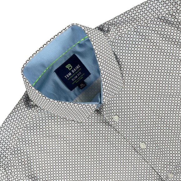 Tom Baine Shirt Mens XL Gray Blue Geometric Short Sleeve Slim Fit Button Down - Picture 1 of 11